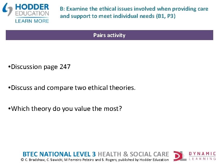 B: Examine the ethical issues involved when providing care and support to meet individual
