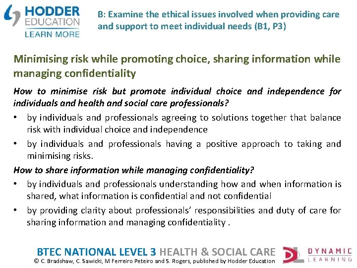 B: Examine the ethical issues involved when providing care and support to meet individual