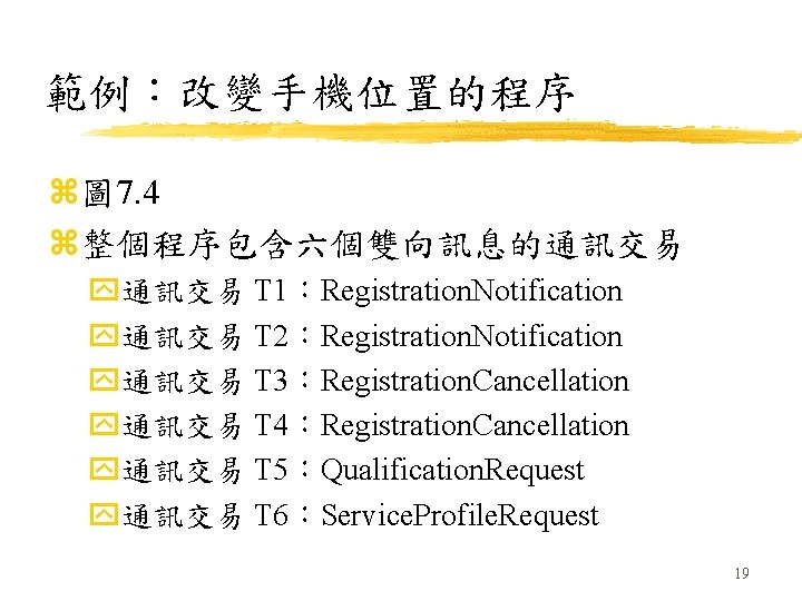範例：改變手機位置的程序 z圖 7. 4 z整個程序包含六個雙向訊息的通訊交易 y通訊交易 T 1：Registration. Notification y通訊交易 T 2：Registration. Notification y通訊交易