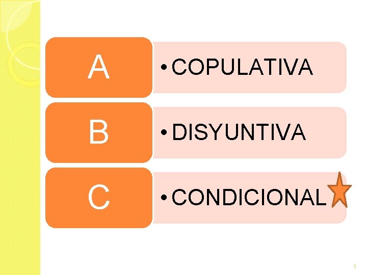 A • COPULATIVA B • DISYUNTIVA C • CONDICIONAL 1 