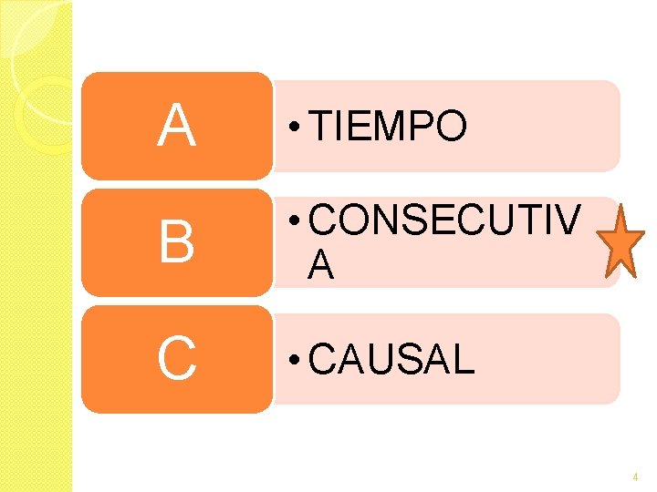 A • TIEMPO B • CONSECUTIV A C • CAUSAL 4 