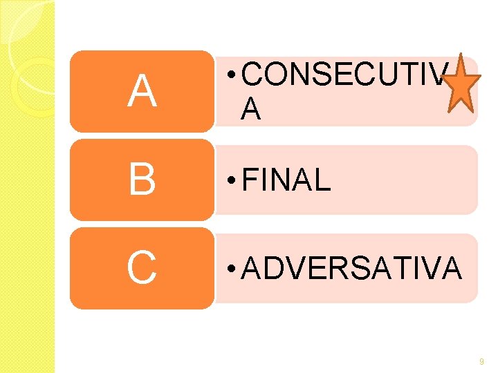 A • CONSECUTIV A B • FINAL C • ADVERSATIVA 9 