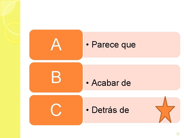 A • Parece que B • Acabar de C • Detrás de 22 