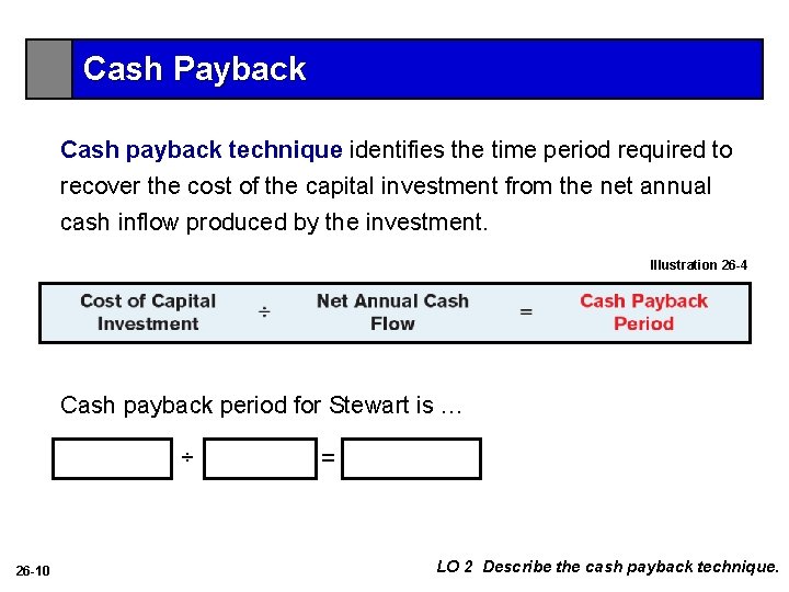 Cash Payback Cash payback technique identifies the time period required to recover the cost