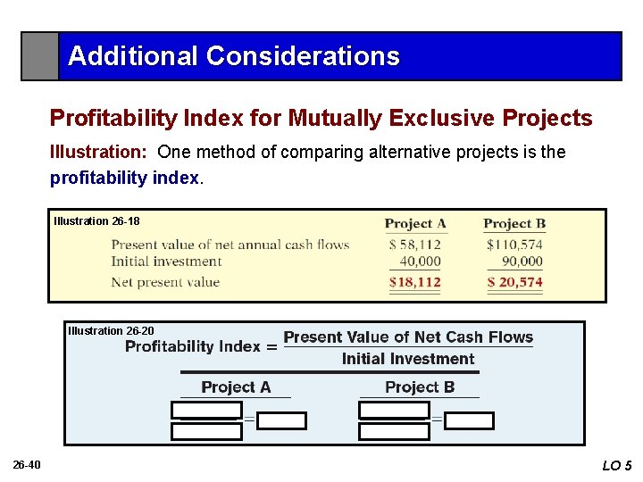 Additional Considerations Profitability Index for Mutually Exclusive Projects Illustration: One method of comparing alternative