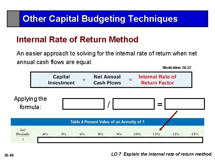 Other Capital Budgeting Techniques Internal Rate of Return Method An easier approach to solving