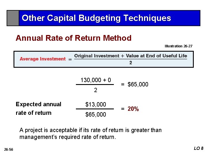 Other Capital Budgeting Techniques Annual Rate of Return Method Illustration 26 -27 130, 000