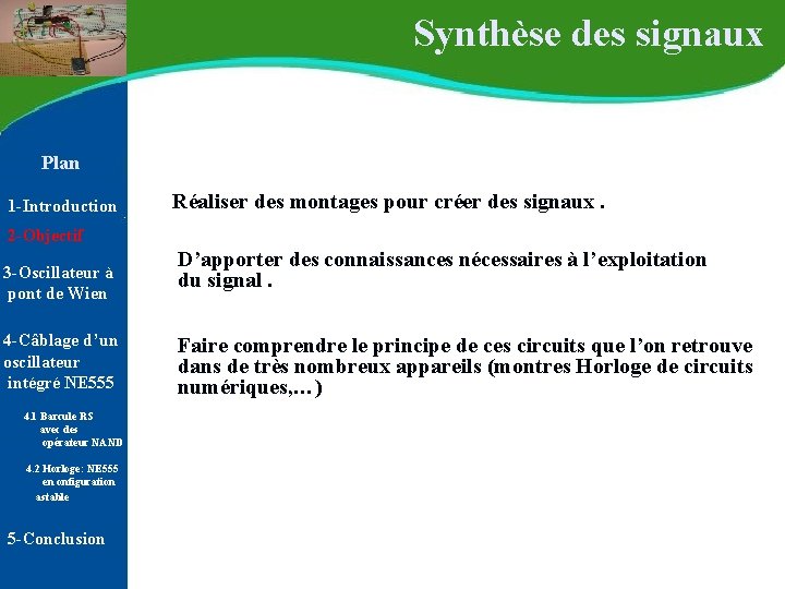 Synthèse des signaux Plan 1 -Introduction Réaliser des montages pour créer des signaux. Synthèse des signaux Plan 1 -Introduction Réaliser des montages pour créer des signaux.