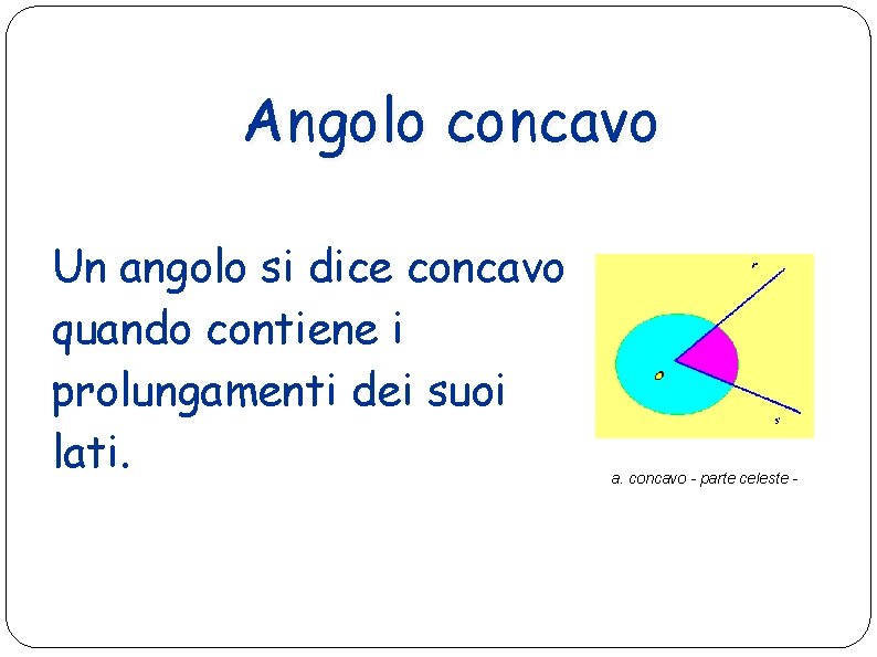 Angolo concavo Un angolo si dice concavo quando contiene i prolungamenti dei suoi lati.
