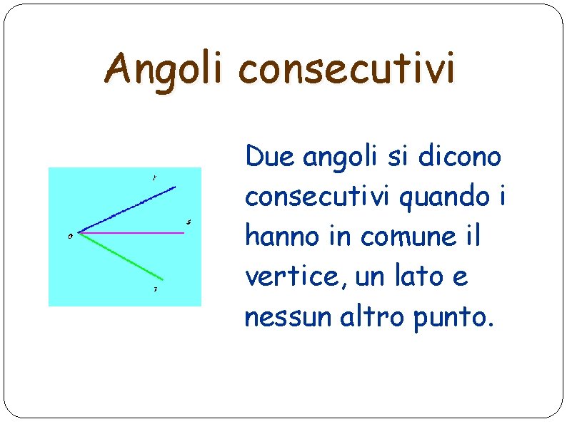 Angoli consecutivi Due angoli si dicono consecutivi quando i hanno in comune il vertice,