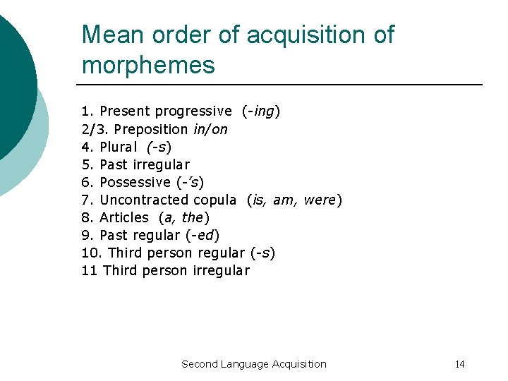 Mean order of acquisition of morphemes 1. Present progressive (-ing) 2/3. Preposition in/on 4.