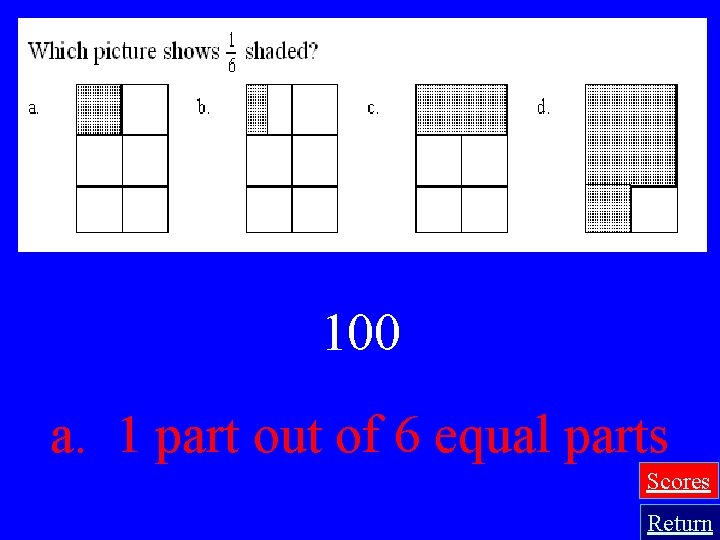 100 a. 1 part out of 6 equal parts Scores Return 