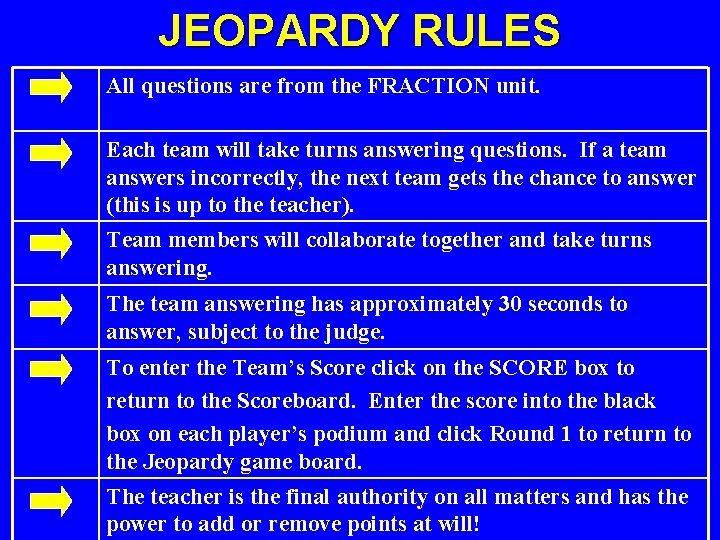JEOPARDY RULES All questions are from the FRACTION unit. Each team will take turns