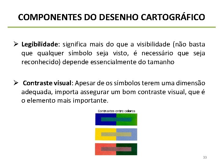 COMPONENTES DO DESENHO CARTOGRÁFICO Ø Legibilidade: significa mais do que a visibilidade (não basta