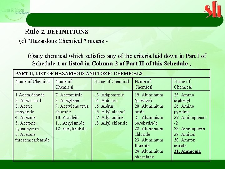  Rule 2. DEFINITIONS (e) "Hazardous Chemical " means - (i)any chemical which satisfies