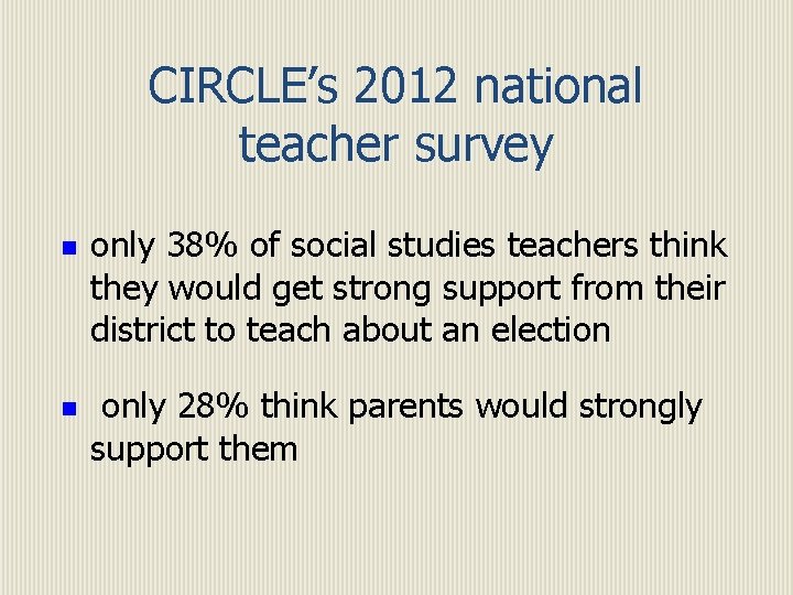 CIRCLE’s 2012 national teacher survey n n only 38% of social studies teachers think
