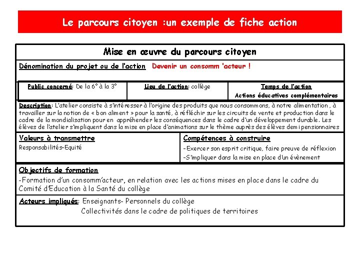 Le parcours citoyen : un exemple de fiche action Mise en œuvre du parcours