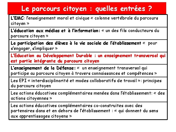 Le parcours citoyen : quelles entrées ? L’EMC: l’enseignement moral et civique « colonne