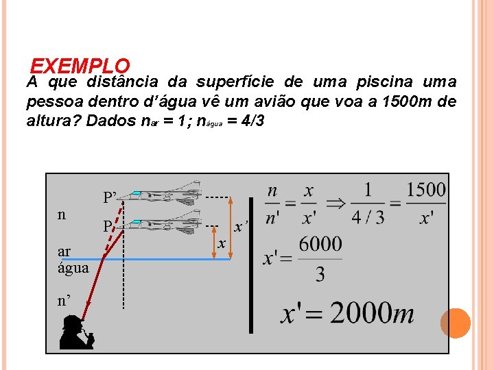 EXEMPLO A que distância da superfície de uma piscina uma pessoa dentro d’água vê EXEMPLO A que distância da superfície de uma piscina uma pessoa dentro d’água vê