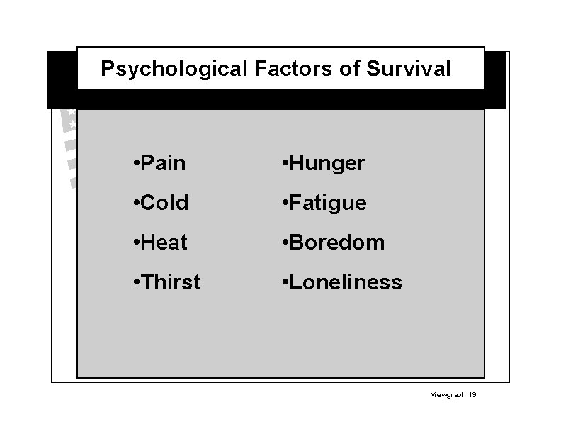 Psychological Factors of Survival • Pain • Hunger • Cold • Fatigue • Heat