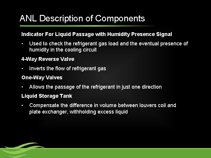 ANL Description of Components Indicator For Liquid Passage with Humidity Presence Signal • Used