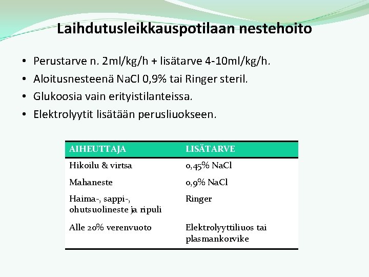 Laihdutusleikkauspotilaan nestehoito • • Perustarve n. 2 ml/kg/h + lisätarve 4 -10 ml/kg/h. Aloitusnesteenä