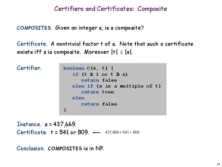 Certifiers and Certificates: Composite COMPOSITES. Given an integer s, is s composite? Certificate. A