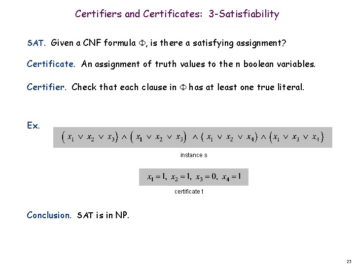 Certifiers and Certificates: 3 -Satisfiability SAT. Given a CNF formula , is there a