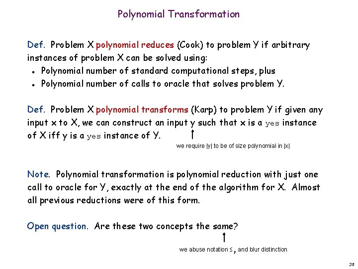 Polynomial Transformation Def. Problem X polynomial reduces (Cook) to problem Y if arbitrary instances