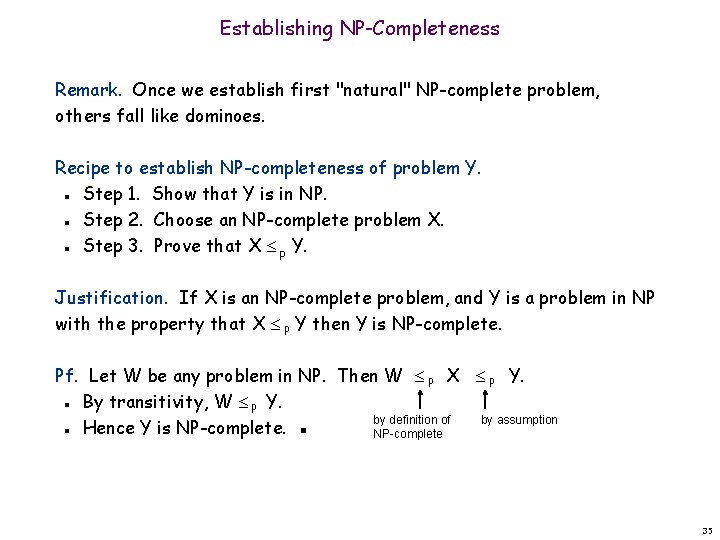 Establishing NP-Completeness Remark. Once we establish first "natural" NP-complete problem, others fall like dominoes.