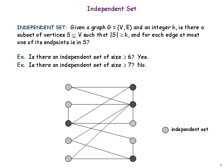 Independent Set INDEPENDENT SET: Given a graph G = (V, E) and an integer