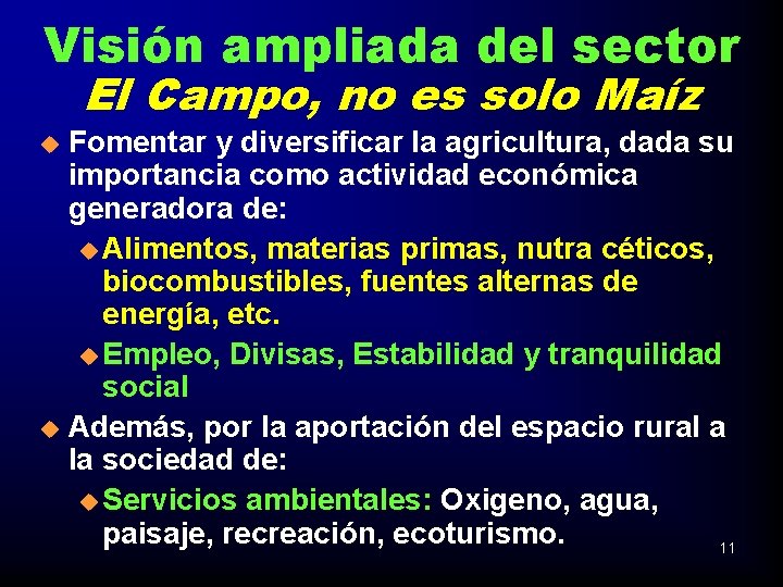 Visión ampliada del sector El Campo, no es solo Maíz Fomentar y diversificar la