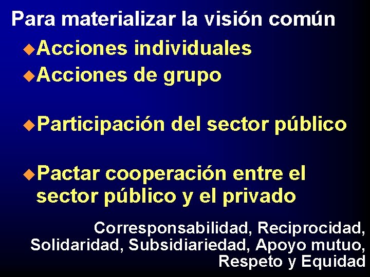 Para materializar la visión común u. Acciones individuales u. Acciones de grupo u. Participación