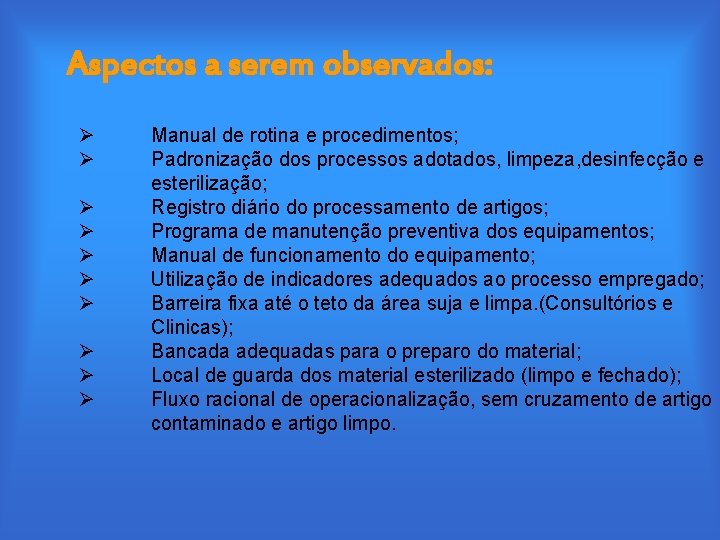 Aspectos a serem observados: Ø Ø Ø Ø Ø Manual de rotina e procedimentos;