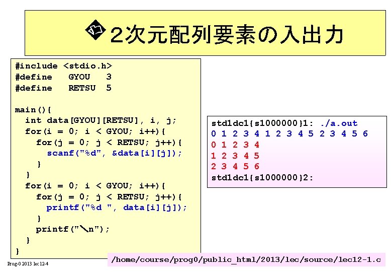 　　　２次元配列要素の入出力 #include <stdio. h> #define GYOU 3 #define RETSU 5 main(){ int data[GYOU][RETSU], i,