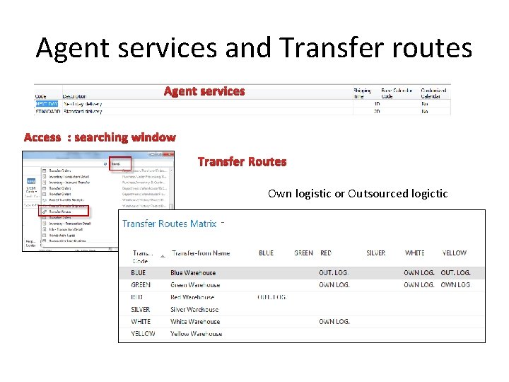 Agent services and Transfer routes Agent services Access : searching window Transfer Routes Own