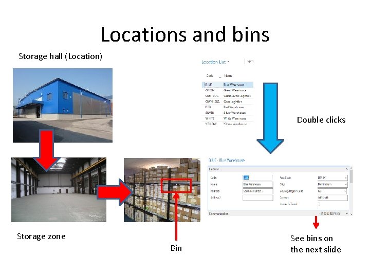 Locations and bins Storage hall (Location) Double clicks Storage zone Bin See bins on