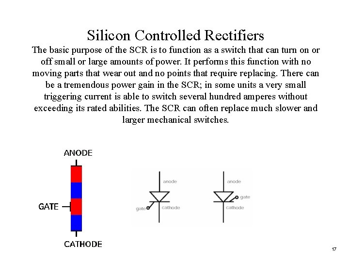 Silicon Controlled Rectifiers The basic purpose of the SCR is to function as a
