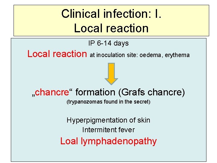 Clinical infection: I. Local reaction IP 6 -14 days Local reaction at inoculation site: