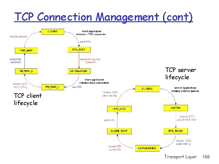 TCP Connection Management (cont) TCP server lifecycle TCP client lifecycle Transport Layer 168 TCP Connection Management (cont) TCP server lifecycle TCP client lifecycle Transport Layer 168