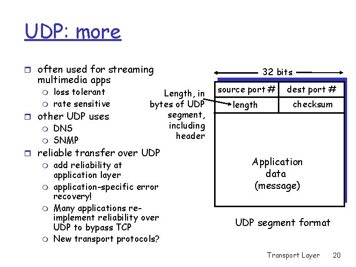 UDP: more r often used for streaming multimedia apps m m loss tolerant rate UDP: more r often used for streaming multimedia apps m m loss tolerant rate