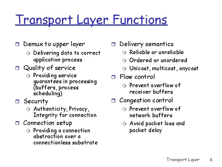 Transport Layer Functions r Demux to upper layer m Delivering data to correct application Transport Layer Functions r Demux to upper layer m Delivering data to correct application