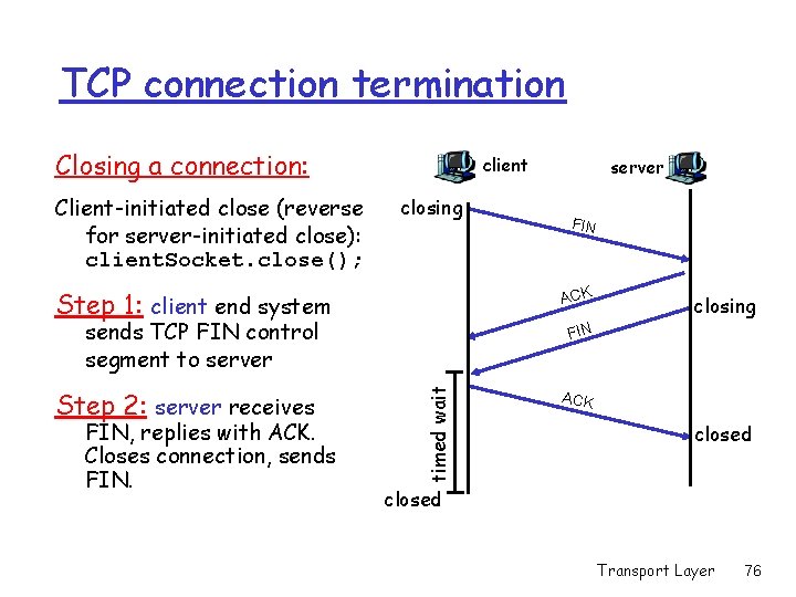 TCP connection termination Closing a connection: Client-initiated close (reverse for server-initiated close): client. Socket. TCP connection termination Closing a connection: Client-initiated close (reverse for server-initiated close): client. Socket.
