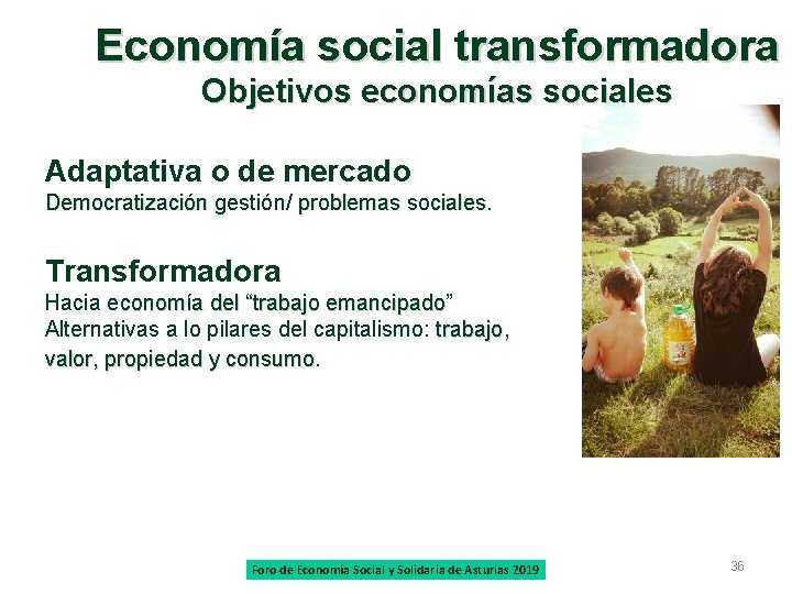 Economía social transformadora Objetivos economías sociales Adaptativa o de mercado Democratización gestión/ problemas sociales.