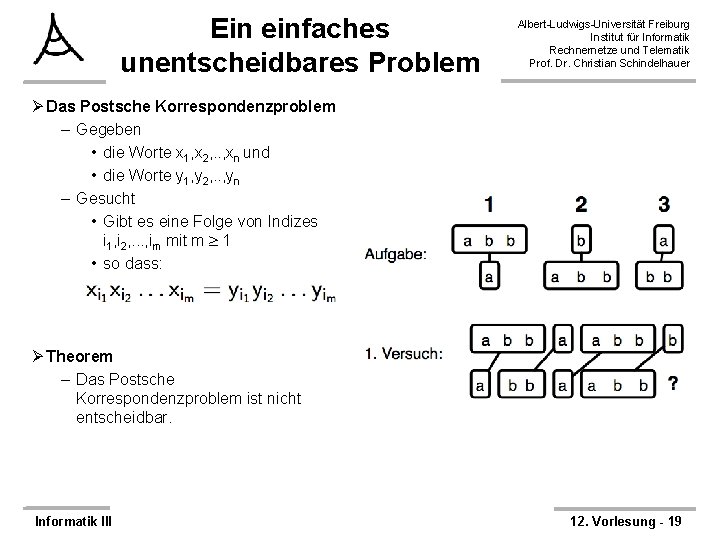 Ein einfaches unentscheidbares Problem Albert-Ludwigs-Universität Freiburg Institut für Informatik Rechnernetze und Telematik Prof. Dr.