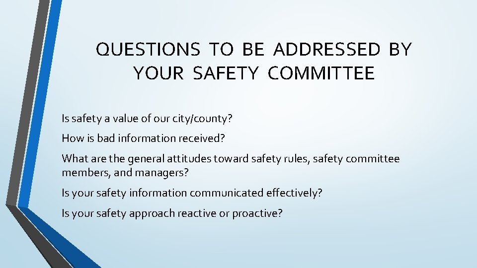 QUESTIONS TO BE ADDRESSED BY YOUR SAFETY COMMITTEE Is safety a value of our