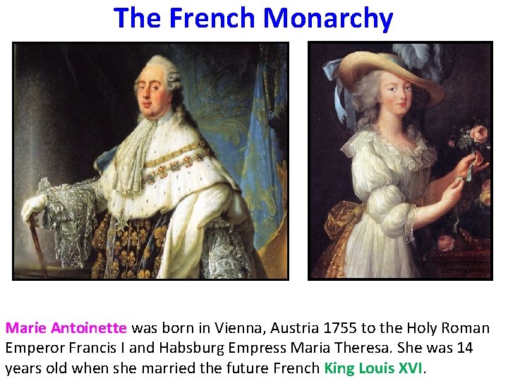 The French Monarchy Marie Antoinette was born in Vienna, Austria 1755 to the Holy