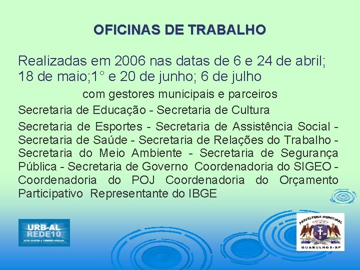 OFICINAS DE TRABALHO Realizadas em 2006 nas datas de 6 e 24 de abril;