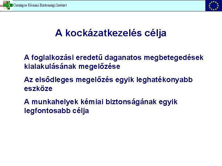 Országos Kémiai Biztonsági Intézet A kockázatkezelés célja A foglalkozási eredetű daganatos megbetegedések kialakulásának megelőzése