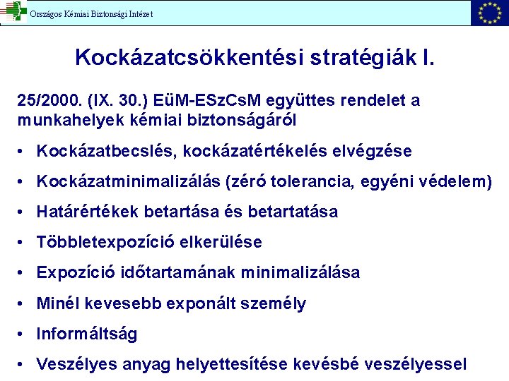 Országos Kémiai Intézet Országos Kémiai. Biztonsági Intézet Kockázatcsökkentési stratégiák I. 25/2000. (IX. 30. )